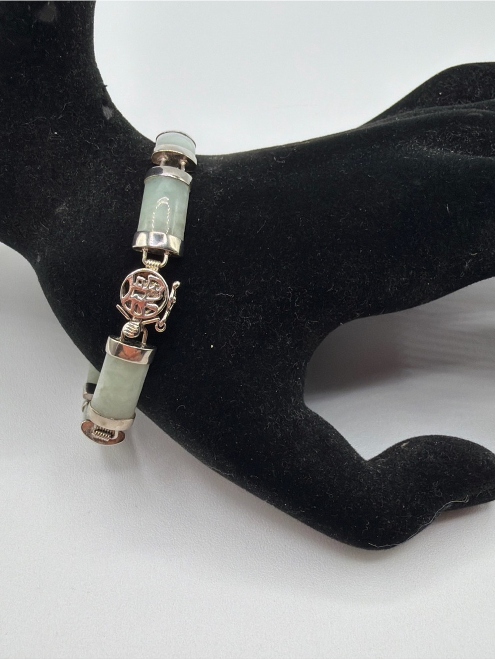 Vintage Chinese Light Green Jade Sterling Silver Link Bracelet 925 Signed SU